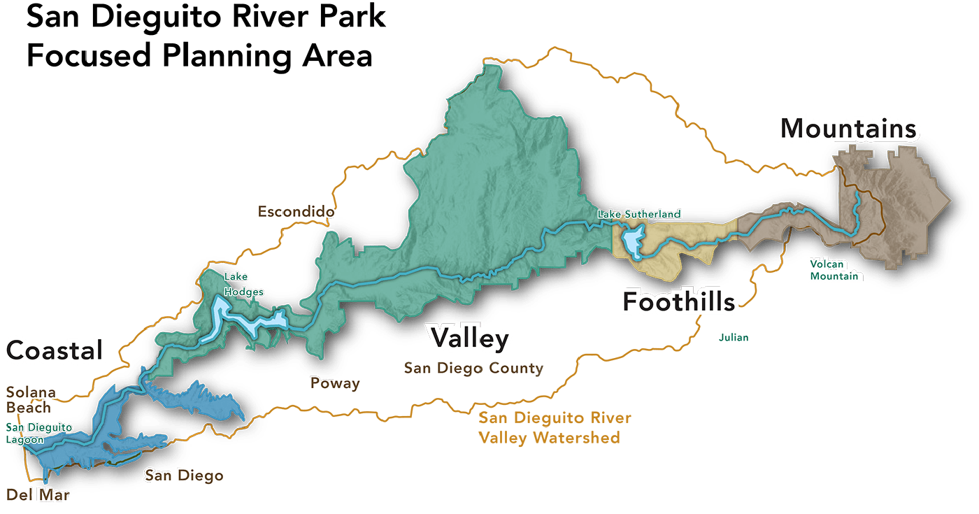 Outline of the San Dieguito River Park Focused Planning Area, going from coastal, valley, foothills and mountains.